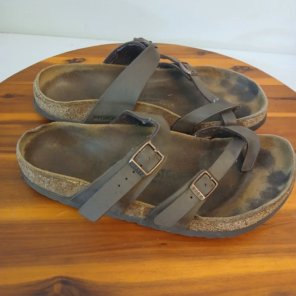 Birkenstock Mayari Sandals Womens 38 Brown Leather Strappy Cork Footbed Slides